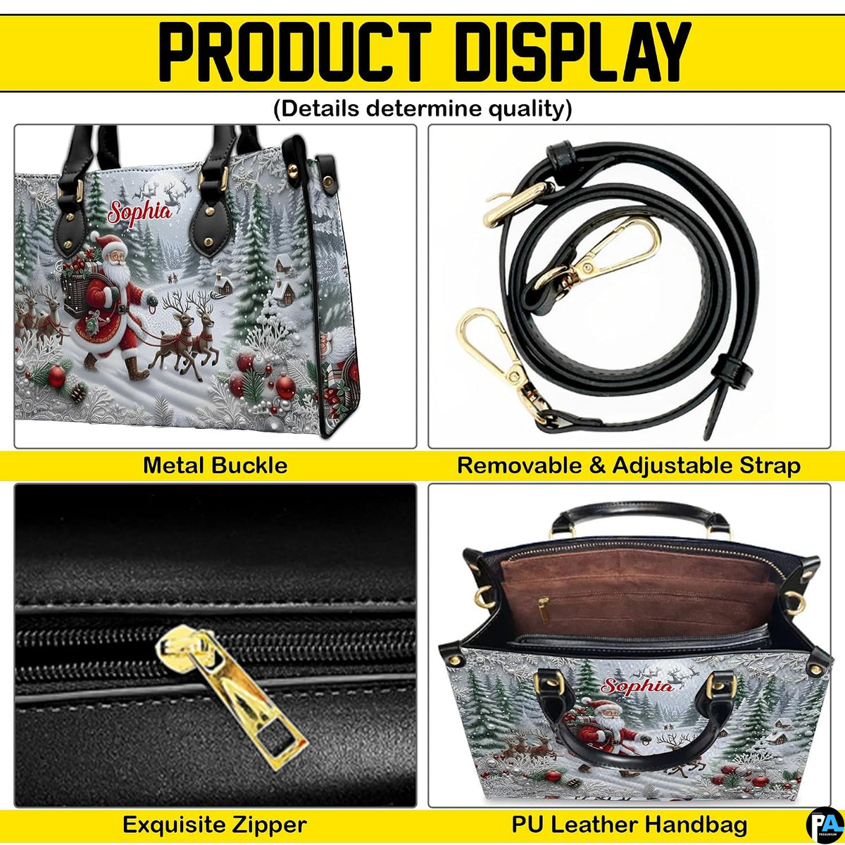 Detailed view showcasing hardware accents, detachable shoulder strap, and interior arrangement.