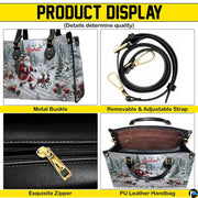 Detailed view showcasing hardware accents, detachable shoulder strap, and interior arrangement.