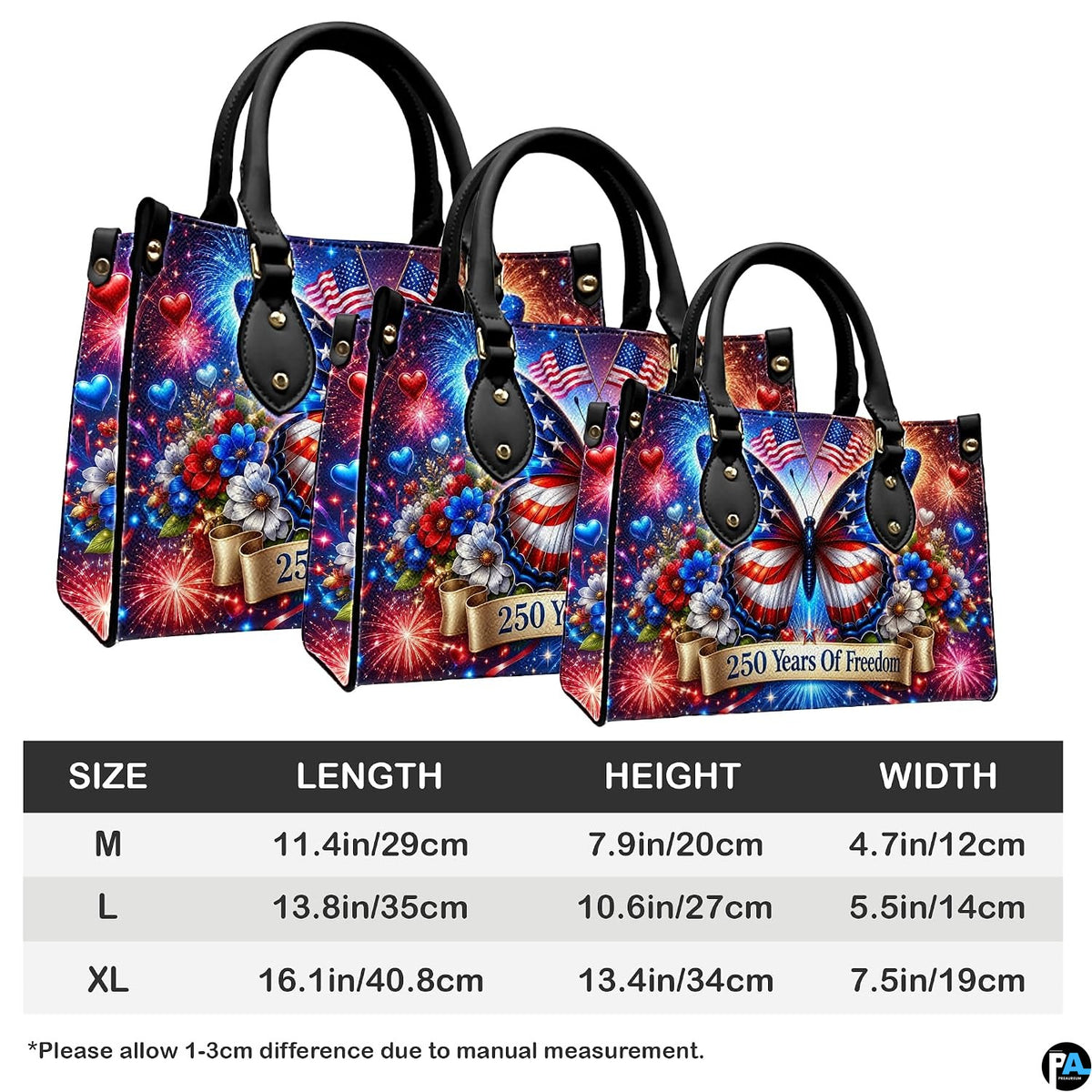 Side perspective view showing patriotic handbag and wallet pair