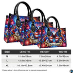 Side perspective view showing patriotic handbag and wallet pair