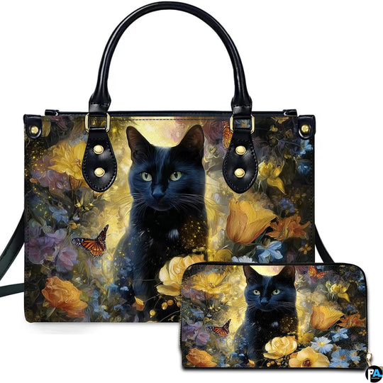 Black Cat Leather Bag – Vintage Cat Art Handbag, Stylish Animal-Themed Purse, Unique Gift for Cat Lovers