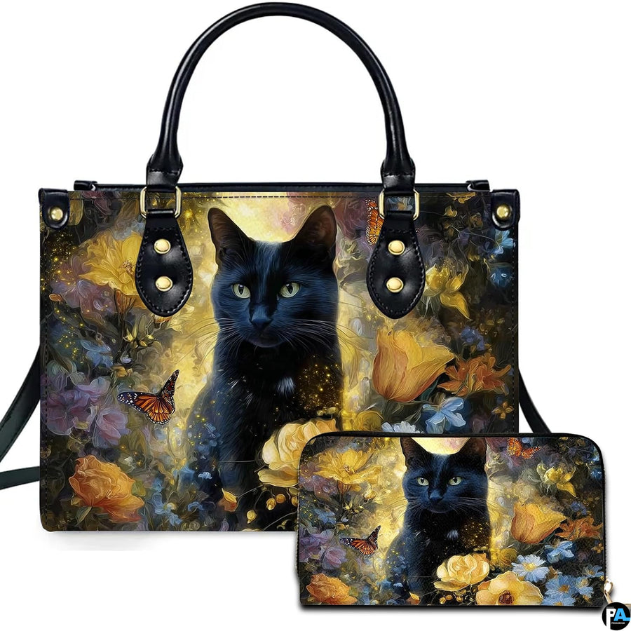Black Cat Leather Bag – Vintage Cat Art Handbag, Stylish Animal-Themed Purse, Unique Gift for Cat Lovers