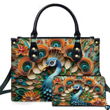 Geometric Blue Peacock Handbag with Orange Teal Floral Art