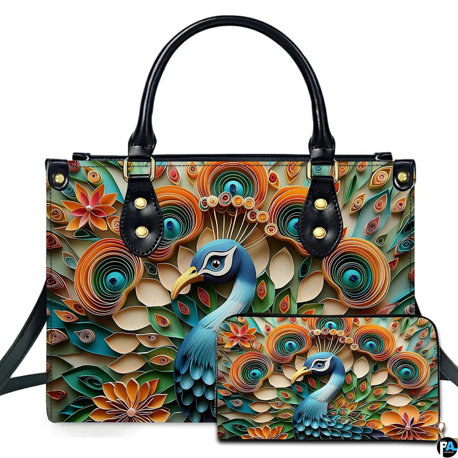Stylized blue peacock handbag and matching wallet with orange teal floral artwork