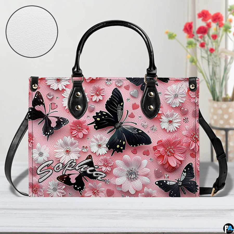 Front close-up view of matching pink daisy butterfly wallet
