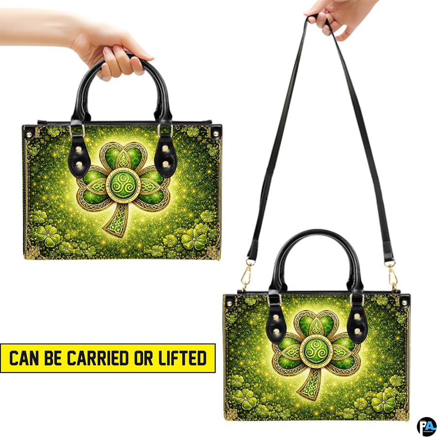 Two carry views of green Celtic clover handbag