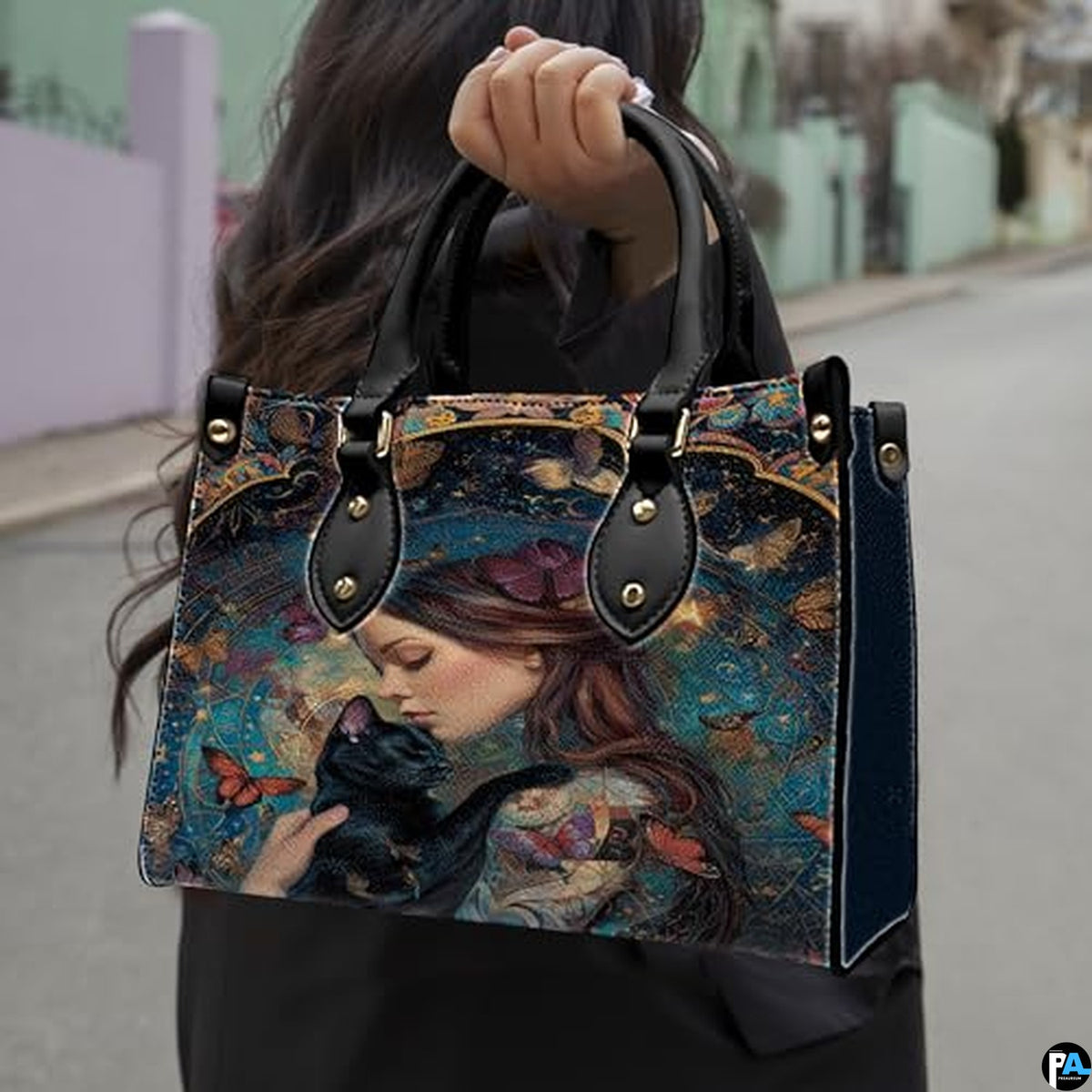 Black Cat Leather Bag – Vintage Cat Art Handbag, Stylish Animal-Themed Purse, Unique Gift for Cat Lovers
