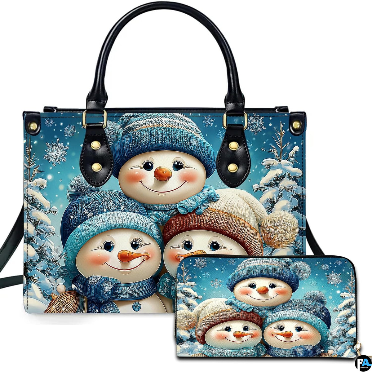 Front view of structured silhouette and matching accessory showcasing a snowman family of three in knit beanies.