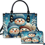 Front view of structured silhouette and matching accessory showcasing a snowman family of three in knit beanies.