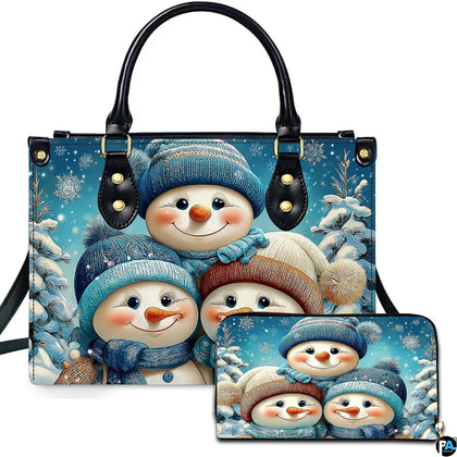Front view of structured silhouette and matching accessory showcasing a snowman family of three in knit beanies.