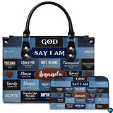 Blue Patchwork Scripture Affirmations Handbag and Matching Wallet Set