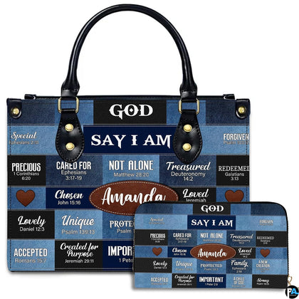 Blue patchwork scripture affirmations handbag and matching wallet set with Christian typography on white.