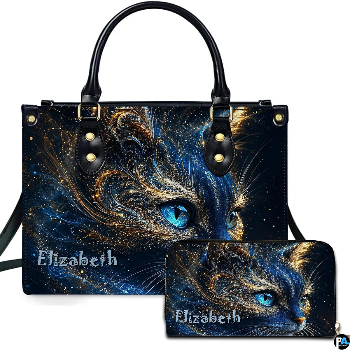 Studio view showing cosmic blue cat artwork alongside matching companion accessory on white surface.