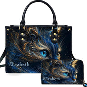 Studio view showing cosmic blue cat artwork alongside matching companion accessory on white surface.
