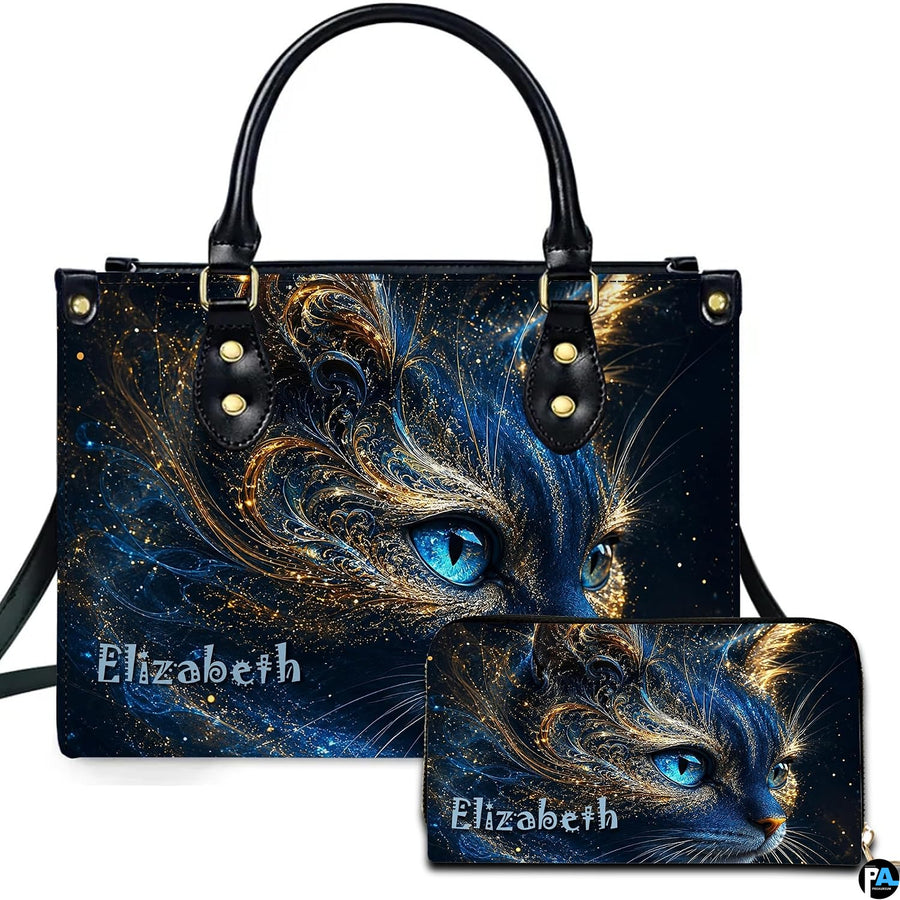 Studio view showing cosmic blue cat artwork alongside matching companion accessory on white surface.