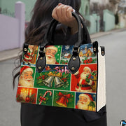 Model carrying the retro Santa collage handbag outdoors by the top handles.