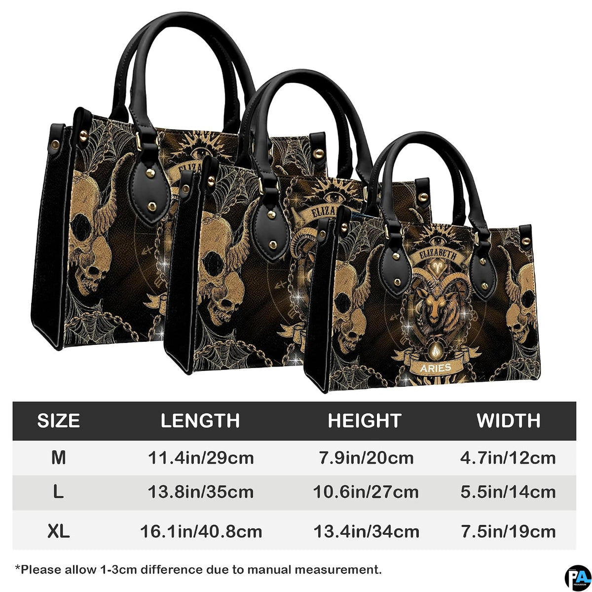 Dimensions chart demonstrating three proportionate scale options for the Gothic Ram Zodiac Handbag.