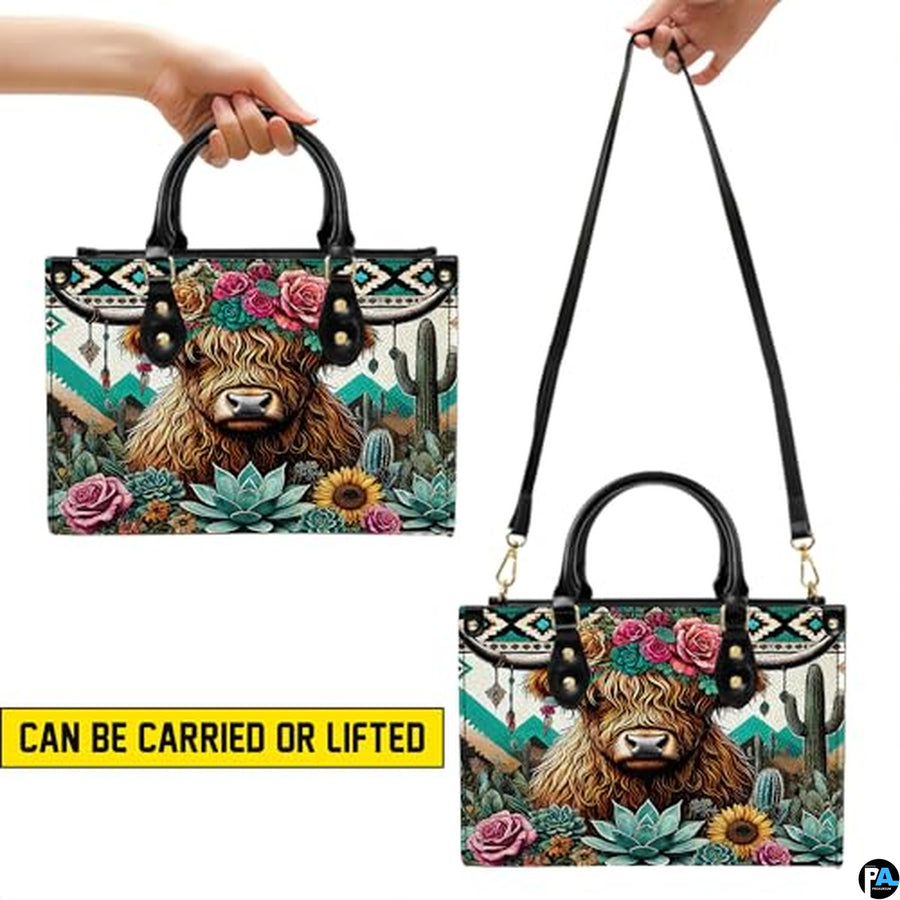 Highland Cow Leather Handbag Custom Cow Purse for Women Country Farm PU Leather Tote Gifts for Farmers Girls Mom Gift