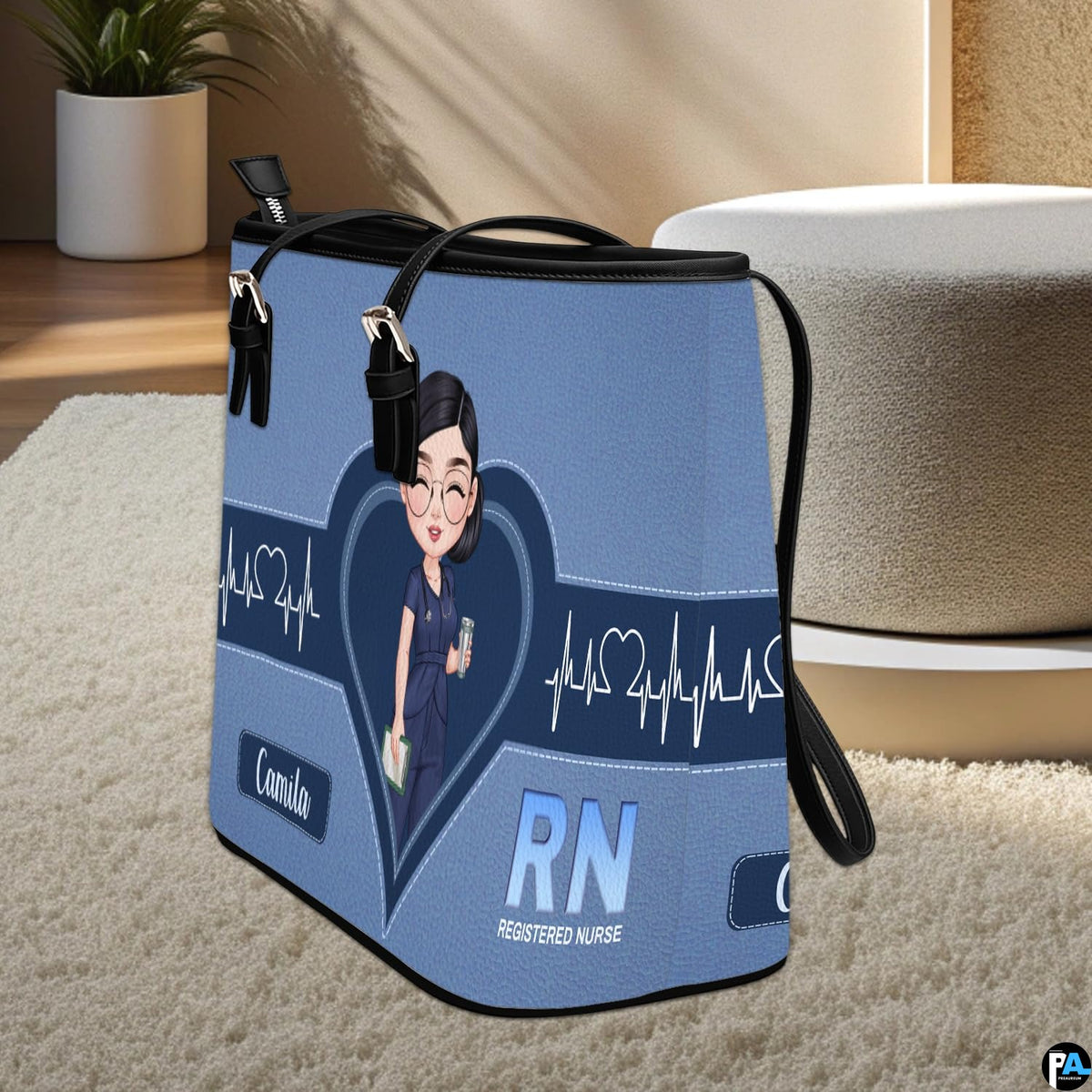 Perspective upright display of Denim Blue Clinician Tote Handbag on a light carpeted floor.