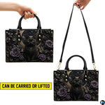 Demonstration graphic illustrating versatile carrying methods for the gothic black cat artwork.