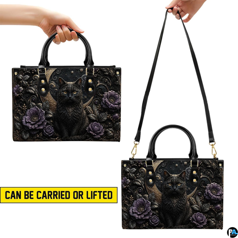 Demonstration graphic illustrating versatile carrying methods for the gothic black cat artwork.