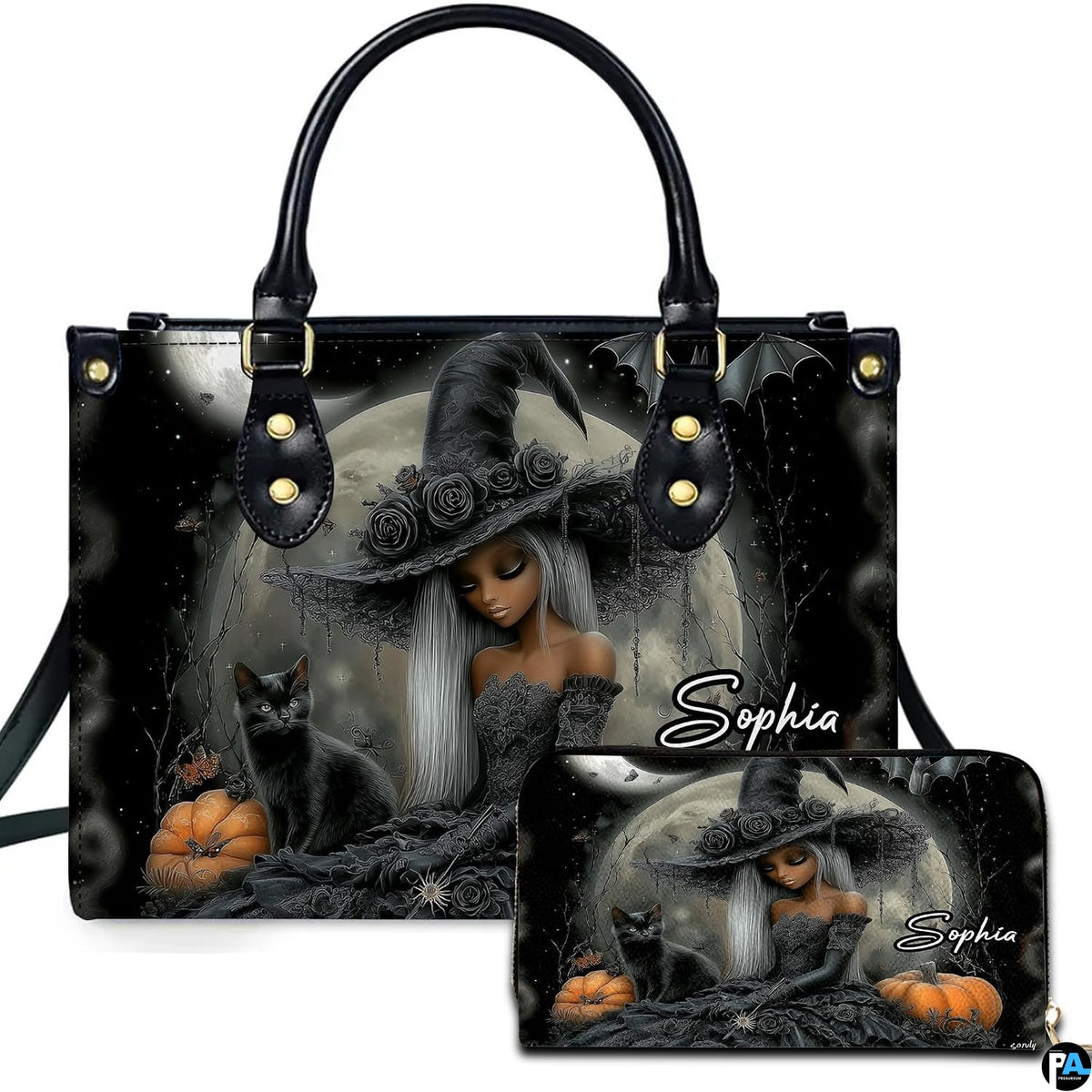 Personalized Halloween Leather Handbag – Custom Witch 3D Printing Effect Purses For Women – Spooky Gothic Shoulder Bag