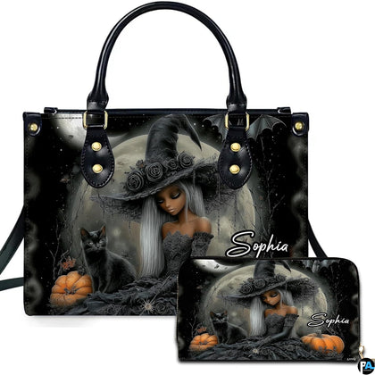 Gothic witch and black cat handbag paired with matching companion wallet.