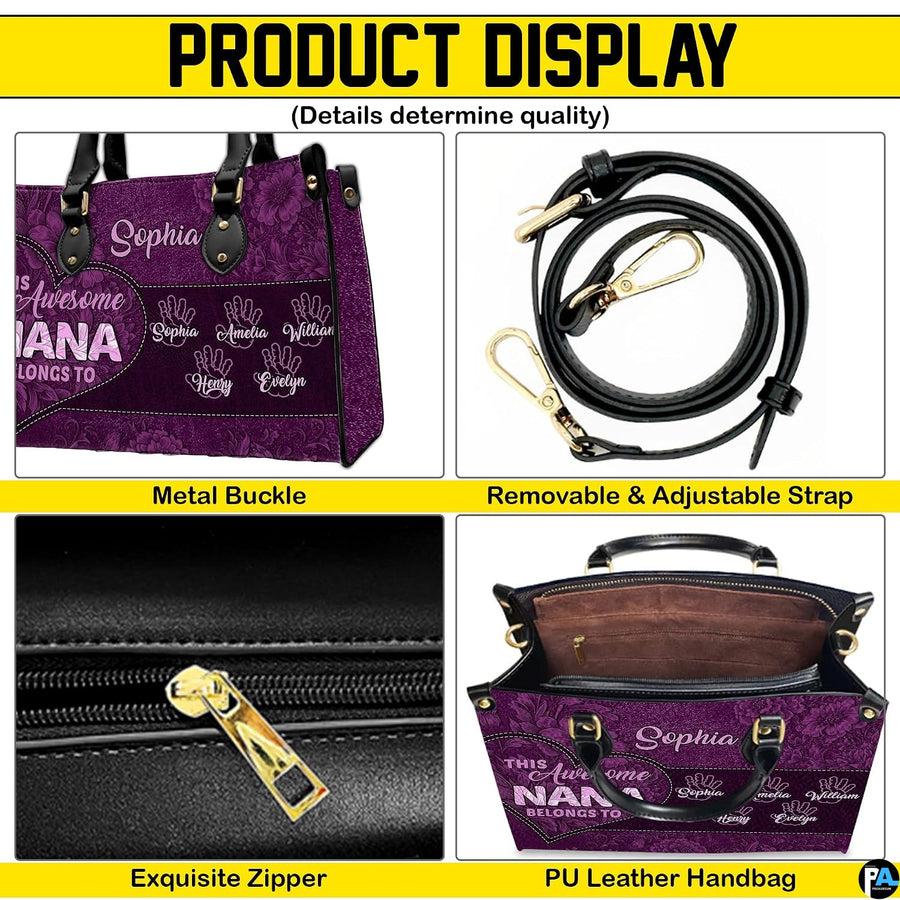Top-down view of purple handbag showing dual handles and interior storage opening.
