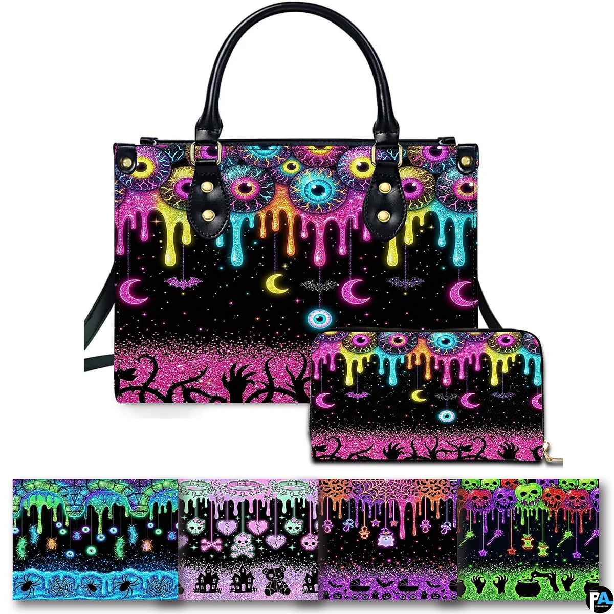 Neon eyeball slime drip Halloween handbag and matching wallet set on white background.