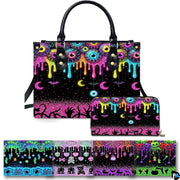 Neon eyeball slime drip Halloween handbag and matching wallet set on white background.