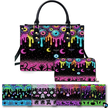 Neon eyeball slime drip Halloween handbag and matching wallet set on white background.
