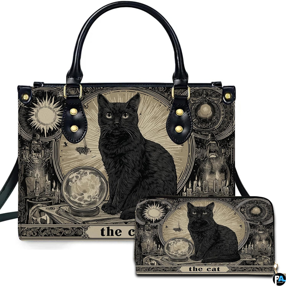 Studio presentation of black cat tarot card art beside matching companion accessory.