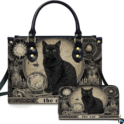 Studio presentation of black cat tarot card art beside matching companion accessory.