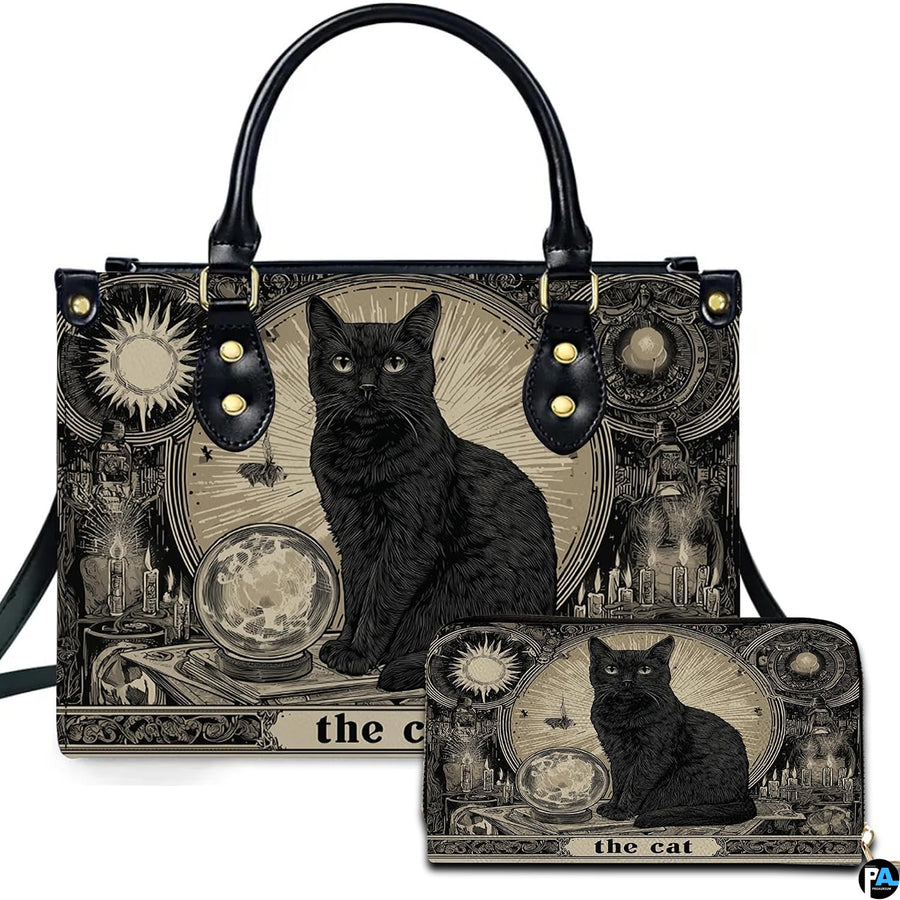 Studio presentation of black cat tarot card art beside matching companion accessory.