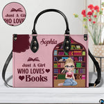 Blush pink handbag on plain background with circular inset material texture detail swatch.