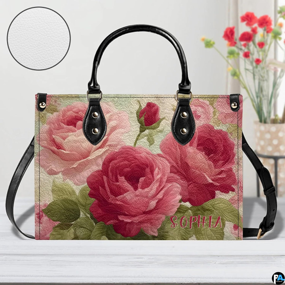Angled tabletop perspective featuring vintage rose art accessory alongside circular texture inset.