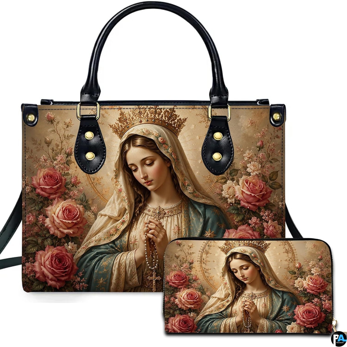 Crowned Madonna handbag and matching wallet set with pearl rosary and blush roses
