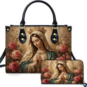 Crowned Madonna handbag and matching wallet set with pearl rosary and blush roses