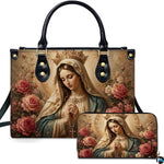 Crowned Madonna handbag and matching wallet set with pearl rosary and blush roses