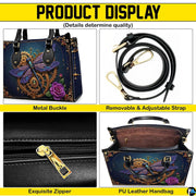 Bottom view of purple dragonfly handbag showing gold protective feet