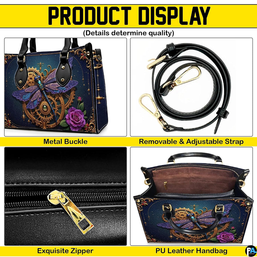 Bottom view of purple dragonfly handbag showing gold protective feet