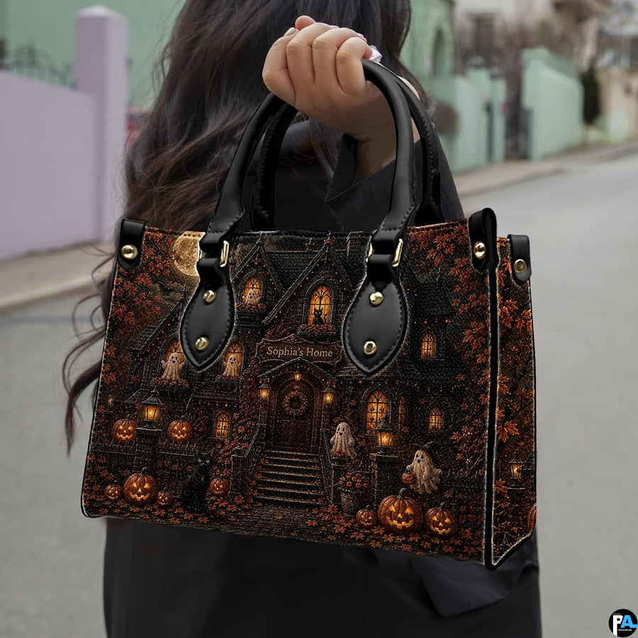 Haunted house artwork accessory displaying spooky Victorian manor, glowing amber windows, and full moon scenery.