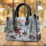 Display on wooden surface highlighting Santa and reindeer winter scene against interior natural light.