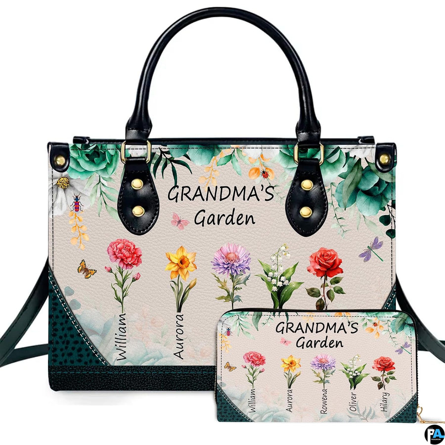 Mothers Day Gift Leather Bag- Personalized Grandmas Purse With Grandkids Names, Grandma Handbag Birthday Gifts For Mom Women