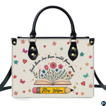 Botanical floral book teacher handbag featuring open book blooming with wildflowers and yellow pencil.