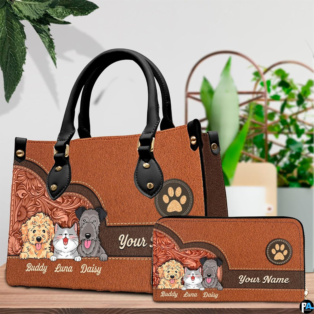 Close-up front view of cartoon pets and western floral motifs on structured tote handbag