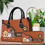 Close-up front view of cartoon pets and western floral motifs on structured tote handbag