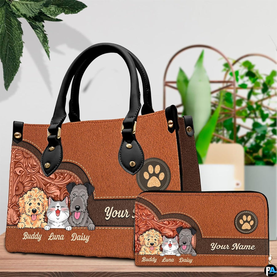 Close-up front view of cartoon pets and western floral motifs on structured tote handbag