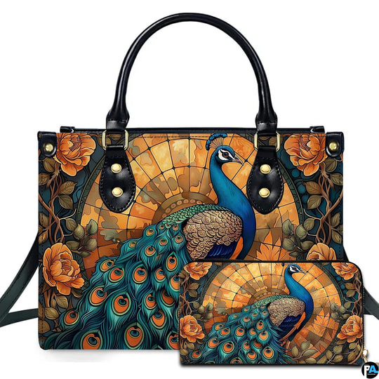 Peacock mosaic art handbag with teal feathers, orange roses and matching wallet