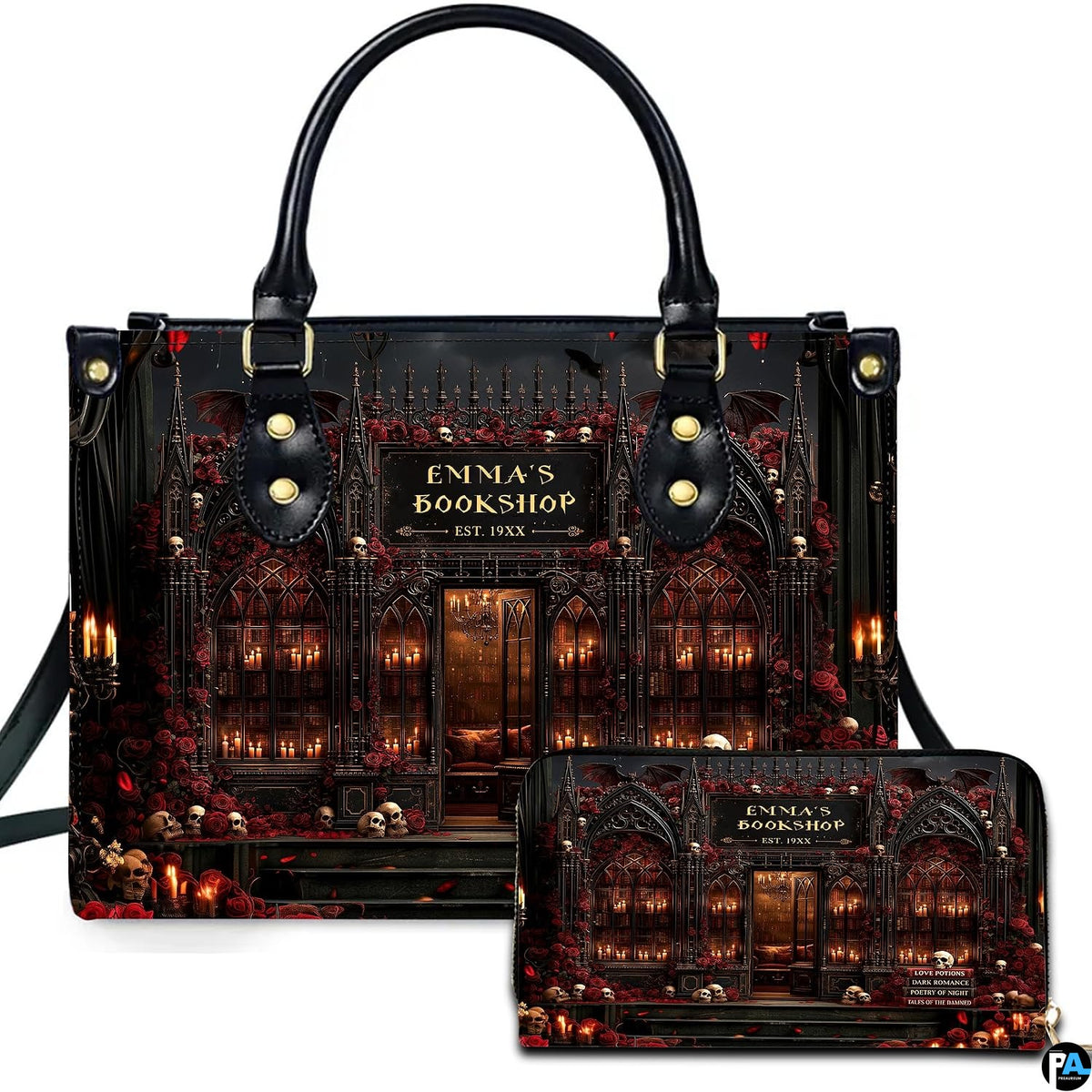 Front view of gothic cathedral bookstore artwork draped in crimson roses with glowing candlelit windows.